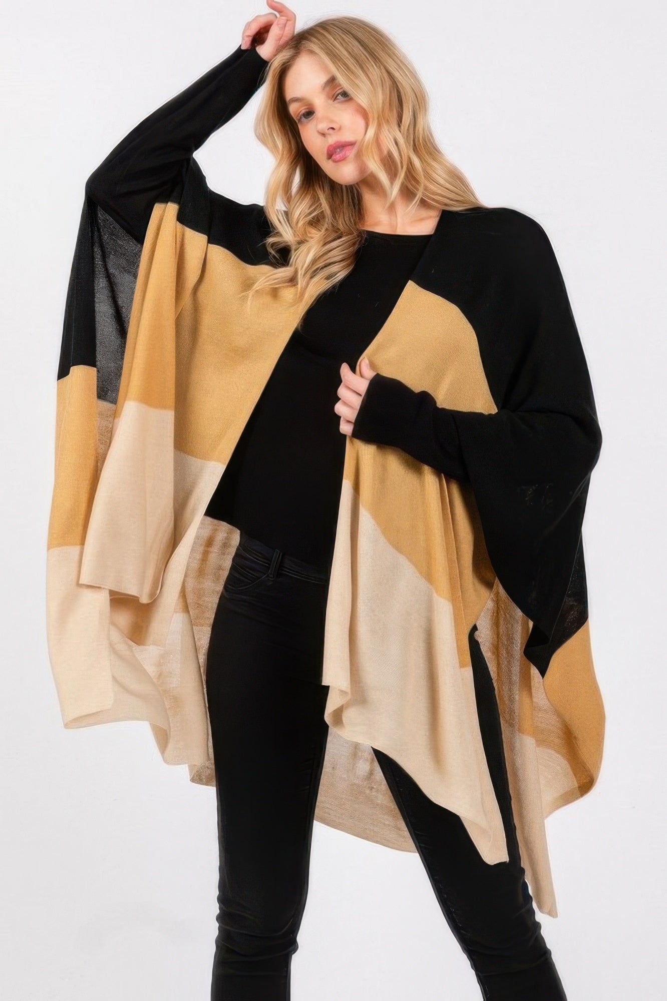 Three Tones Ruana-Three Tones Ruana with open-front draped fit. Soft acrylic knit with tri-tone neutral design for versatile, effortless layering in every season.-Reef Love