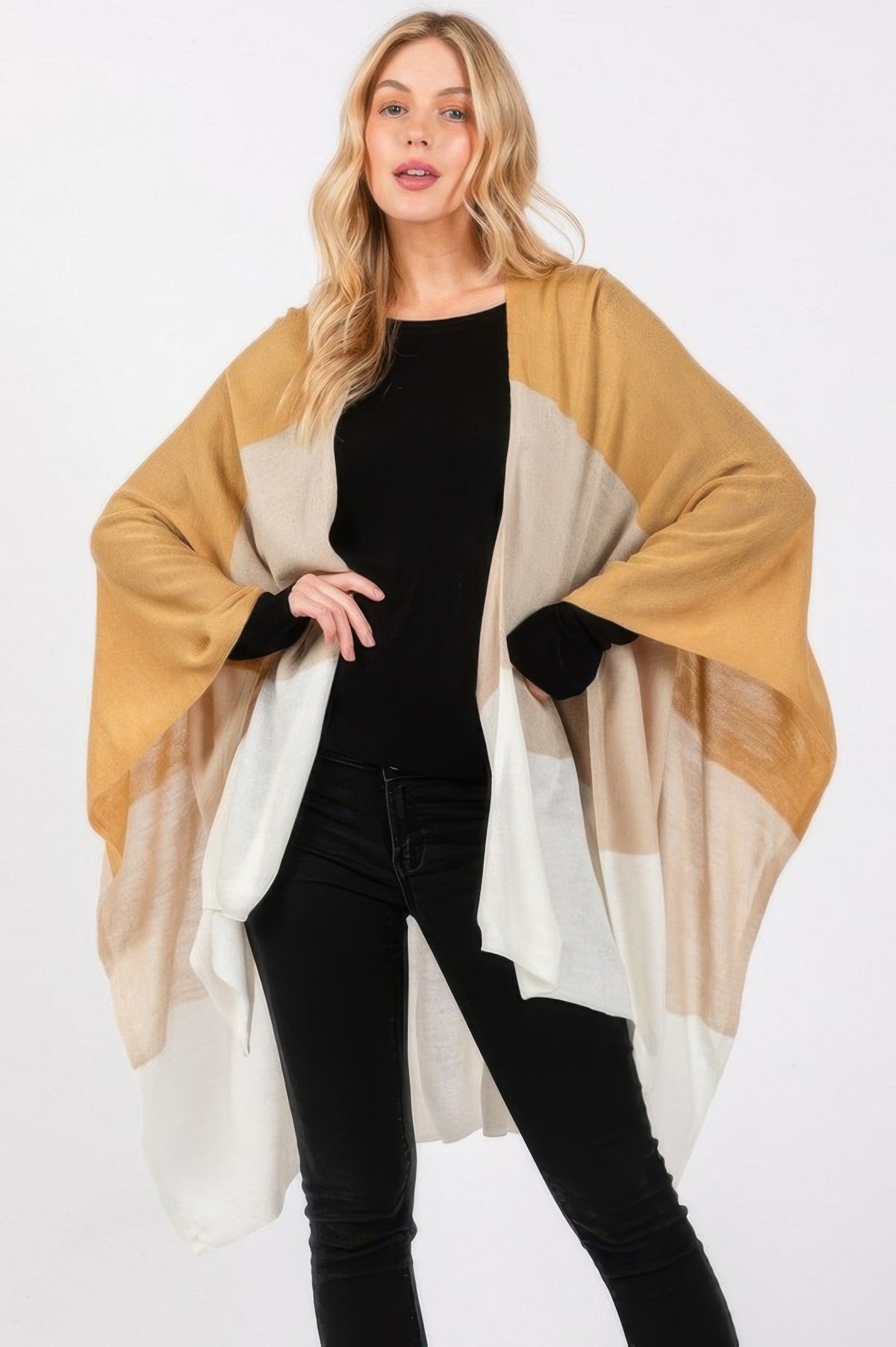 Three Tones Ruana-Three Tones Ruana with open-front draped fit. Soft acrylic knit with tri-tone neutral design for versatile, effortless layering in every season.-Reef Love