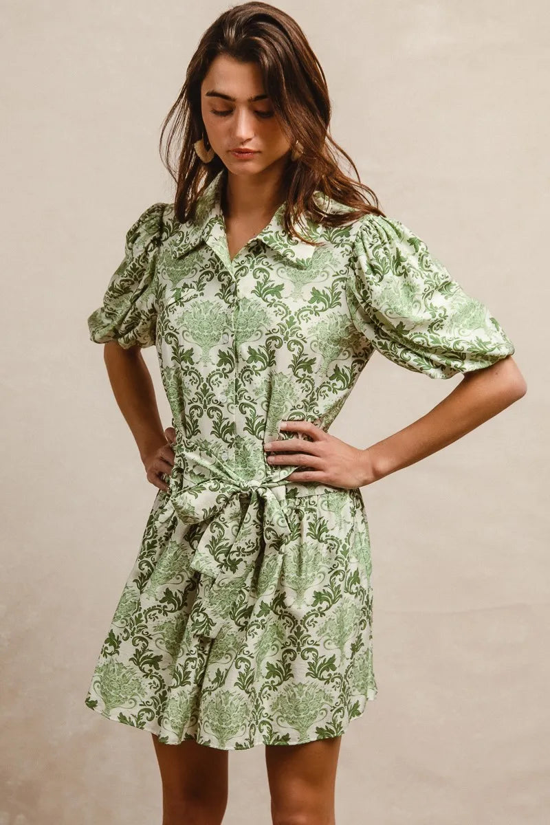 Tied Floral Short Sleeve Mini Shirt Dress-BiBi-Reef Love