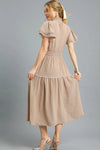 Tiered Flutter Sleeve Midi Dress-This elegant bohemian midi dress features a flattering V-neck with tie closure and beautifully embroidered short sleeves with decorative trim details. -Reef Love Boho-Chic Boutique