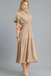 Tiered Flutter Sleeve Midi Dress-This elegant bohemian midi dress features a flattering V-neck with tie closure and beautifully embroidered short sleeves with decorative trim details. -Reef Love Boho-Chic Boutique