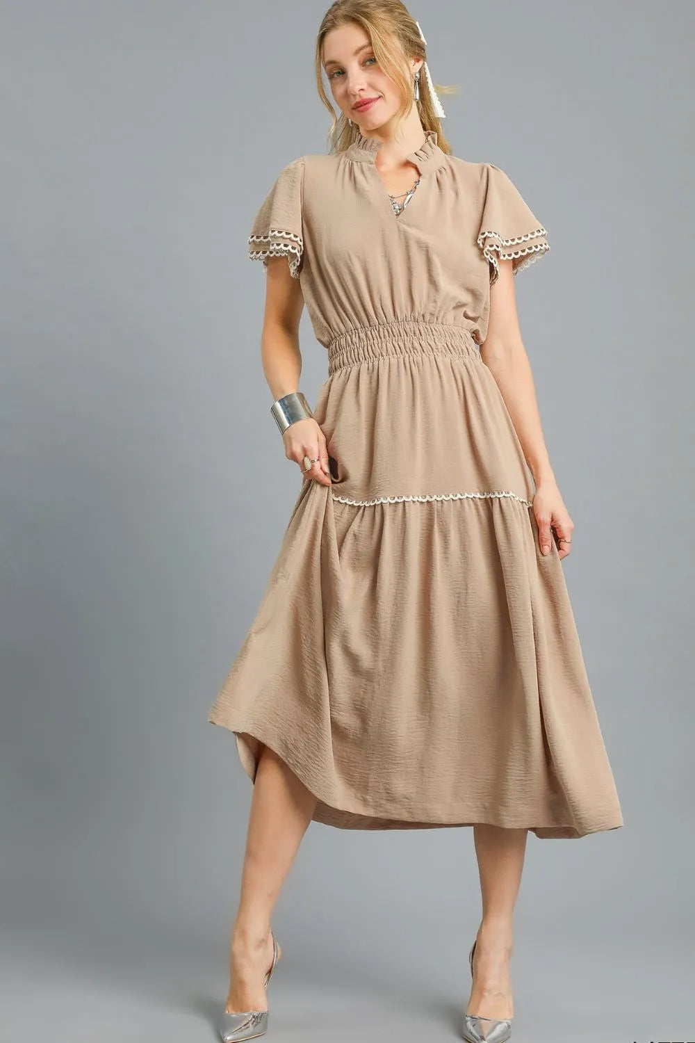 Tiered Flutter Sleeve Midi Dress-This elegant bohemian midi dress features a flattering V-neck with tie closure and beautifully embroidered short sleeves with decorative trim details. -Reef Love Boho-Chic Boutique