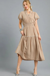 Tiered Flutter Sleeve Midi Dress-This elegant bohemian midi dress features a flattering V-neck with tie closure and beautifully embroidered short sleeves with decorative trim details. -Reef Love Boho-Chic Boutique