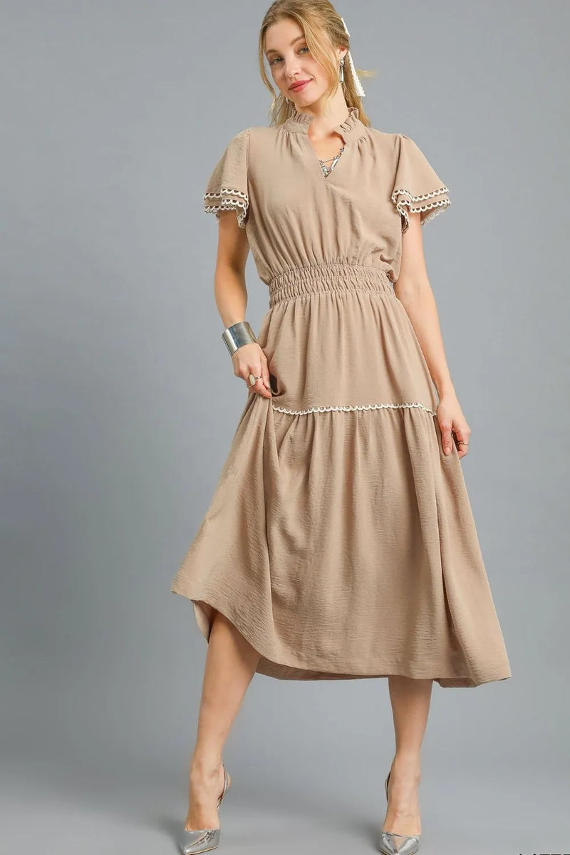 Tiered Flutter Sleeve Midi Dress-This elegant bohemian midi dress features a flattering V-neck with tie closure and beautifully embroidered short sleeves with decorative trim details. -Reef Love Boho-Chic Boutique