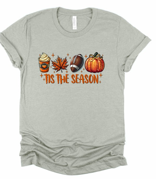 Tis The Season Football Graphic Tee-’Tis The Season Football Graphic Tee. Soft Bella + Canvas fall t-shirt with latte, leaf, football & pumpkin design. Perfect for layering under flannels this autumn.-Reef Love