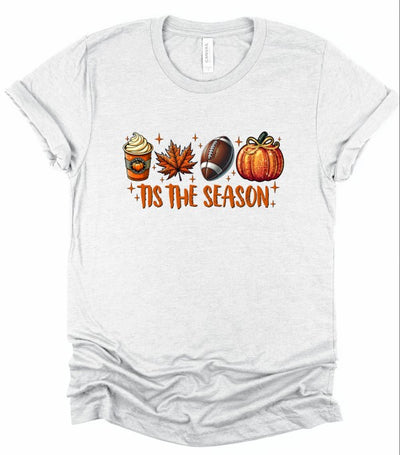 Tis The Season Football Graphic Tee-’Tis The Season Football Graphic Tee. Soft Bella + Canvas fall t-shirt with latte, leaf, football & pumpkin design. Perfect for layering under flannels this autumn.-Reef Love