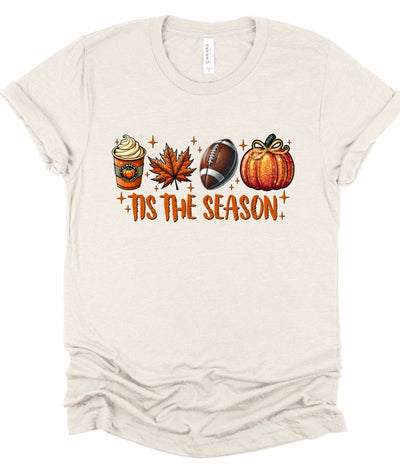 Tis The Season Football Graphic Tee-’Tis The Season Football Graphic Tee. Soft Bella + Canvas fall t-shirt with latte, leaf, football & pumpkin design. Perfect for layering under flannels this autumn.-Reef Love