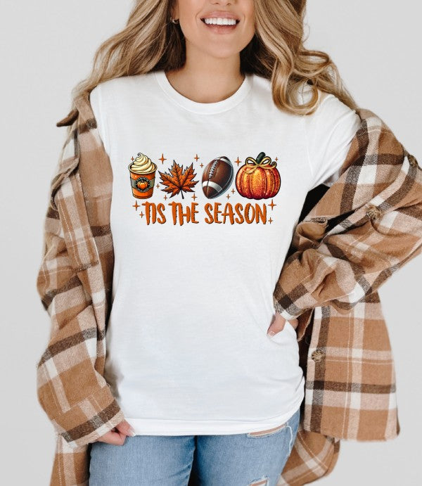 Tis The Season Football Graphic Tee-’Tis The Season Football Graphic Tee. Soft Bella + Canvas fall t-shirt with latte, leaf, football & pumpkin design. Perfect for layering under flannels this autumn.-Reef Love