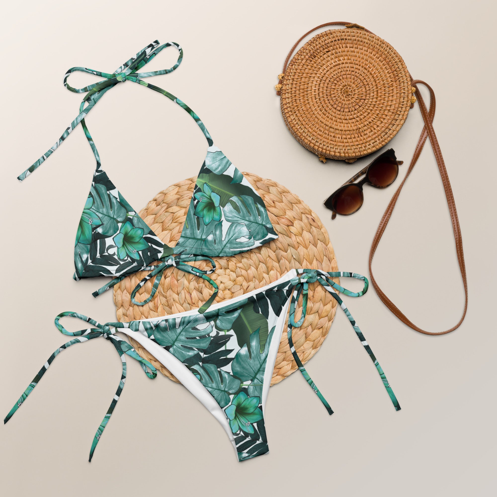 Tropical Green All-Over Print Recycled String Bikini- Boho Chic Styles by Reef Love