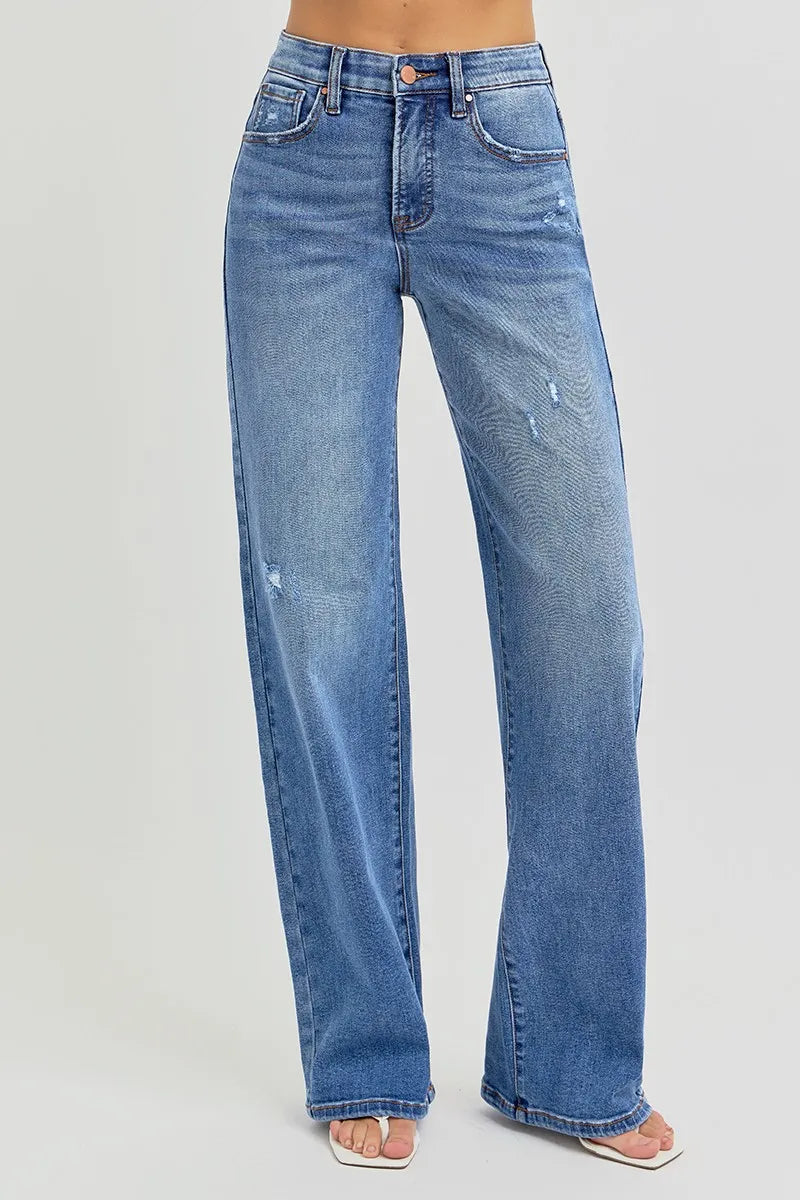 Tummy Control Elastic Band High Rise Wide Jeans Plus Size-Jeans-RISEN-Reef Love