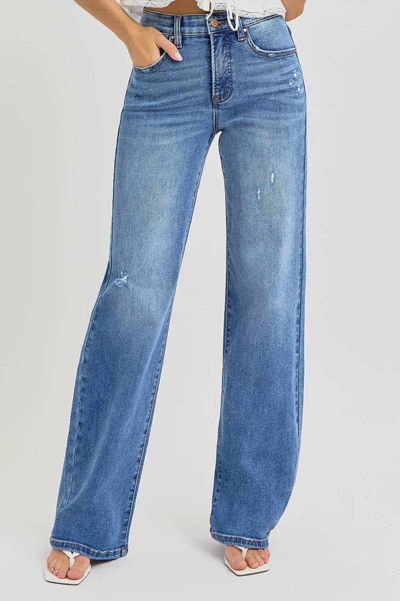 Tummy Control Elastic Band High Rise Wide Jeans Plus Size-Jeans-RISEN-MEDIUM-0-Reef Love
