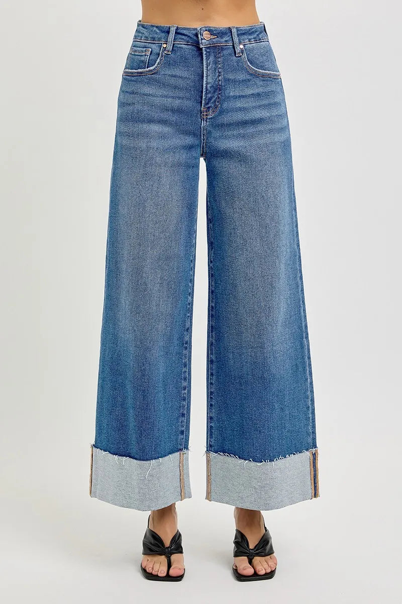 Tummy Control High Rise Crop Wide Cuffed Jeans