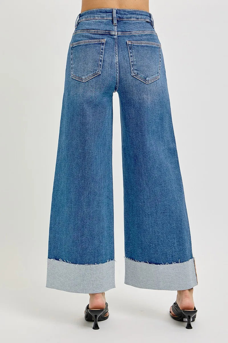 Tummy Control High Rise Crop Wide Cuffed Jeans