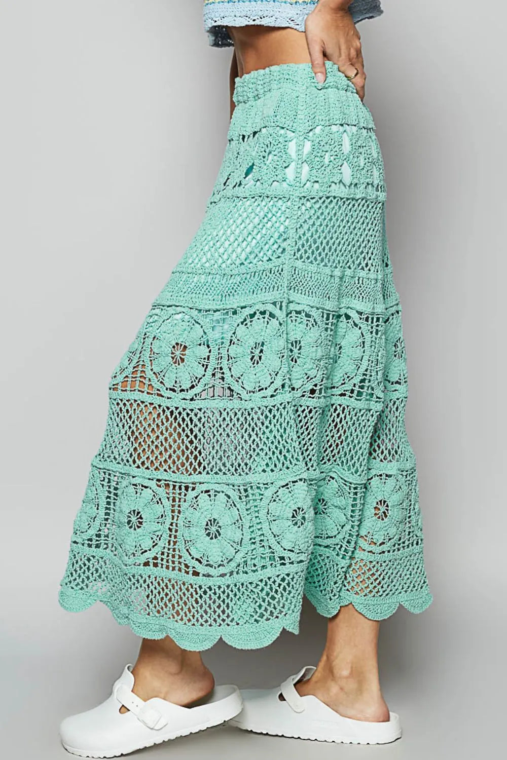 Turquoise Lace Tiered Midi Skirt-Midi Skirt-POL-Reef Love