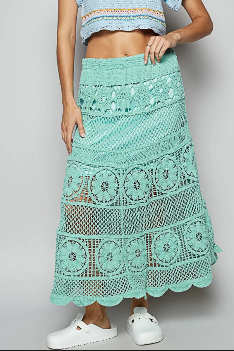 Turquoise Lace Tiered Midi Skirt-Midi Skirt-POL-Turquoise-One Size-Reef Love