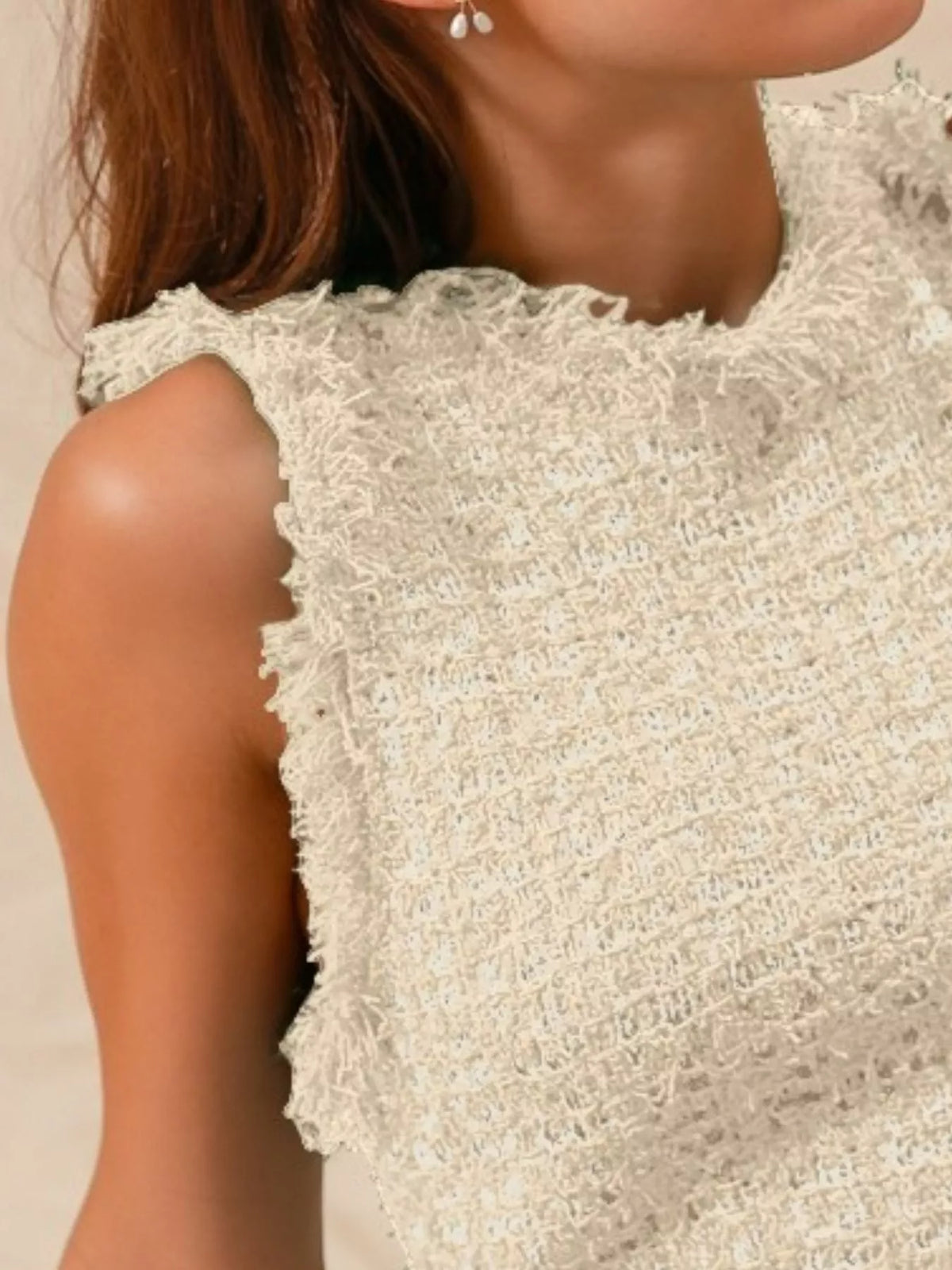 Tweed Knit Sleeveless Sweater-Tweed knit sleeveless sweater vest in oatmeal. Classic layering piece with preppy charm—pair with shirts, blouses, or wear solo for timeless chic style.-Reef Love