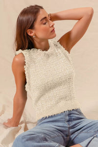 Tweed Knit Sleeveless Sweater-Tweed knit sleeveless sweater vest in oatmeal. Classic layering piece with preppy charm—pair with shirts, blouses, or wear solo for timeless chic style.-Reef Love