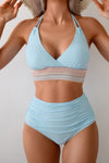 Shop Two Pieces Elastic Band Halter Ruched Bikini-Sporty halter bikini with ruched detailing and elastic band support. Two-piece swimwear for all sizes—flattering, stretchy, and perfect for summer vacations.-available at Reef Love online boho-chic boutique
