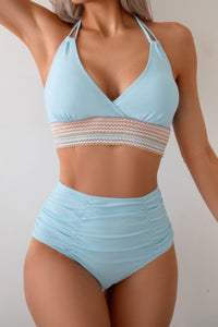 Shop Two Pieces Elastic Band Halter Ruched Bikini-Sporty halter bikini with ruched detailing and elastic band support. Two-piece swimwear for all sizes—flattering, stretchy, and perfect for summer vacations.-available at Reef Love online boho-chic boutique