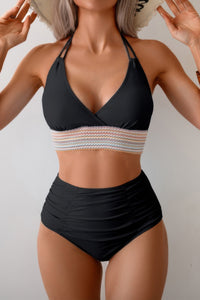Shop Two Pieces Elastic Band Halter Ruched Bikini-Sporty halter bikini with ruched detailing and elastic band support. Two-piece swimwear for all sizes—flattering, stretchy, and perfect for summer vacations.-available at Reef Love online boho-chic boutique