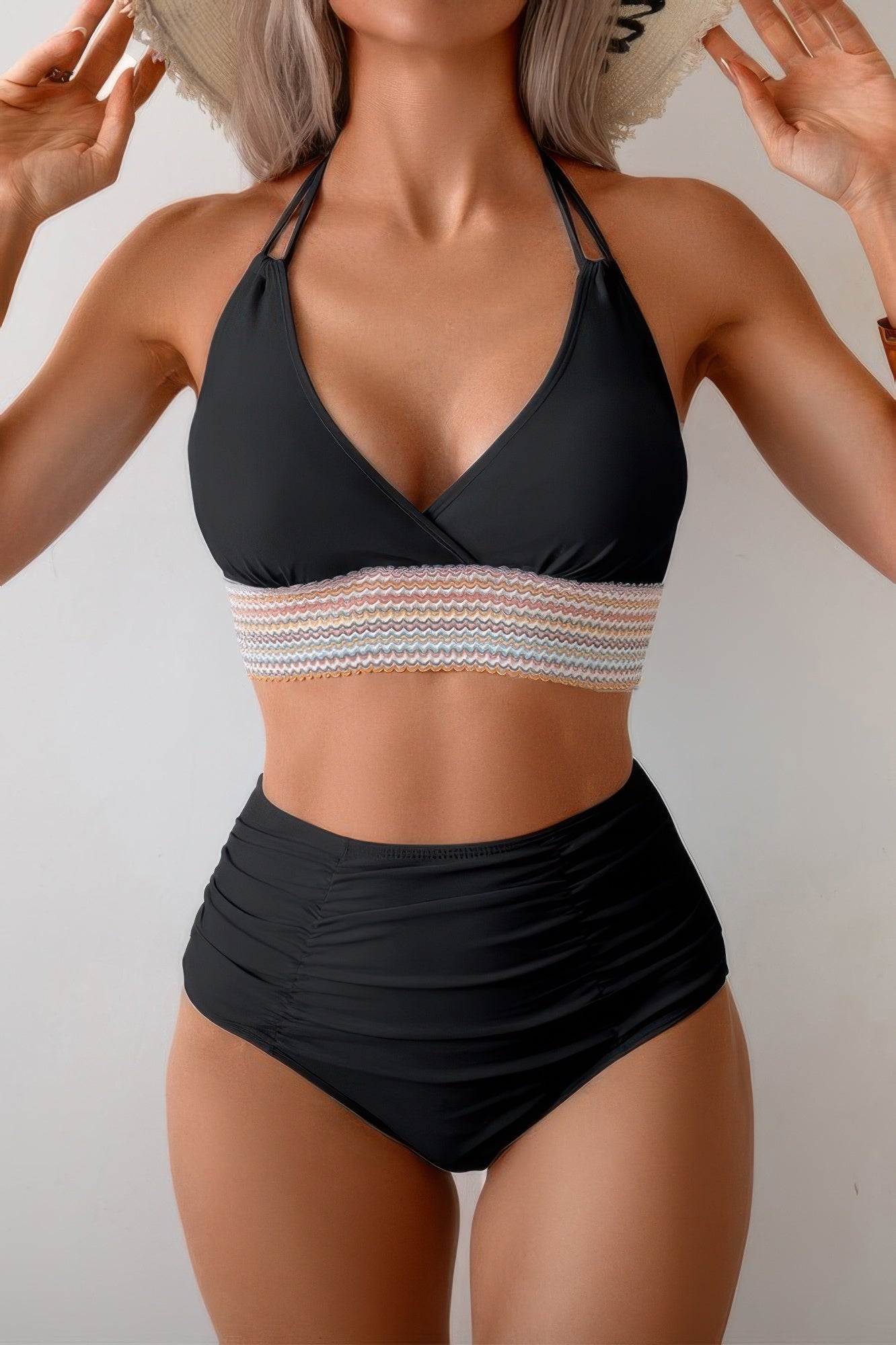 Shop Two Pieces Elastic Band Halter Ruched Bikini-Sporty halter bikini with ruched detailing and elastic band support. Two-piece swimwear for all sizes—flattering, stretchy, and perfect for summer vacations.-available at Reef Love online boho-chic boutique