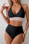 Shop Two Pieces Elastic Band Halter Ruched Bikini-Sporty halter bikini with ruched detailing and elastic band support. Two-piece swimwear for all sizes—flattering, stretchy, and perfect for summer vacations.-available at Reef Love online boho-chic boutique