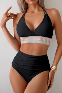 Shop Two Pieces Elastic Band Halter Ruched Bikini-Sporty halter bikini with ruched detailing and elastic band support. Two-piece swimwear for all sizes—flattering, stretchy, and perfect for summer vacations.-available at Reef Love online boho-chic boutique