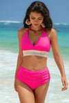 Shop Two Pieces Elastic Band Halter Ruched Bikini-Sporty halter bikini with ruched detailing and elastic band support. Two-piece swimwear for all sizes—flattering, stretchy, and perfect for summer vacations.-available at Reef Love online boho-chic boutique