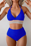 Shop Two Pieces Elastic Band Halter Ruched Bikini-Sporty halter bikini with ruched detailing and elastic band support. Two-piece swimwear for all sizes—flattering, stretchy, and perfect for summer vacations.-available at Reef Love online boho-chic boutique
