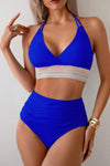 Shop Two Pieces Elastic Band Halter Ruched Bikini-Sporty halter bikini with ruched detailing and elastic band support. Two-piece swimwear for all sizes—flattering, stretchy, and perfect for summer vacations.-available at Reef Love online boho-chic boutique