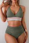Shop Two Pieces Elastic Band Halter Ruched Bikini-Sporty halter bikini with ruched detailing and elastic band support. Two-piece swimwear for all sizes—flattering, stretchy, and perfect for summer vacations.-available at Reef Love online boho-chic boutique