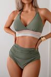 Shop Two Pieces Elastic Band Halter Ruched Bikini-Sporty halter bikini with ruched detailing and elastic band support. Two-piece swimwear for all sizes—flattering, stretchy, and perfect for summer vacations.-available at Reef Love online boho-chic boutique