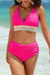 Shop Two Pieces Elastic Band Halter Ruched Bikini-Sporty halter bikini with ruched detailing and elastic band support. Two-piece swimwear for all sizes—flattering, stretchy, and perfect for summer vacations.-available at Reef Love online boho-chic boutique