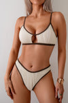 Shop Two Pieces Pleated Cut Out High Cut Bikini-High-cut two-piece bikini with pleated texture and bold cut-outs. Flattering and modern—perfect for beach vacations, pool parties, or resort wear.-available at Reef Love online boho-chic boutique