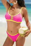 Shop Two Pieces Pleated Cut Out High Cut Bikini-High-cut two-piece bikini with pleated texture and bold cut-outs. Flattering and modern—perfect for beach vacations, pool parties, or resort wear.-available at Reef Love online boho-chic boutique