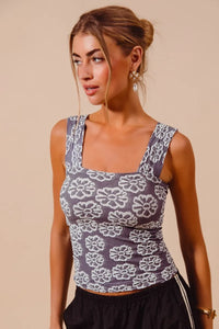 Shop Two Tone Floral Seamless Tank Top-Soft & stretchy floral cami tank with a square neckline & adjustable straps. A flattering seamless fit perfect for layering or wearing solo. Feminine & versatile.-available at Reef Love online boho-chic boutique