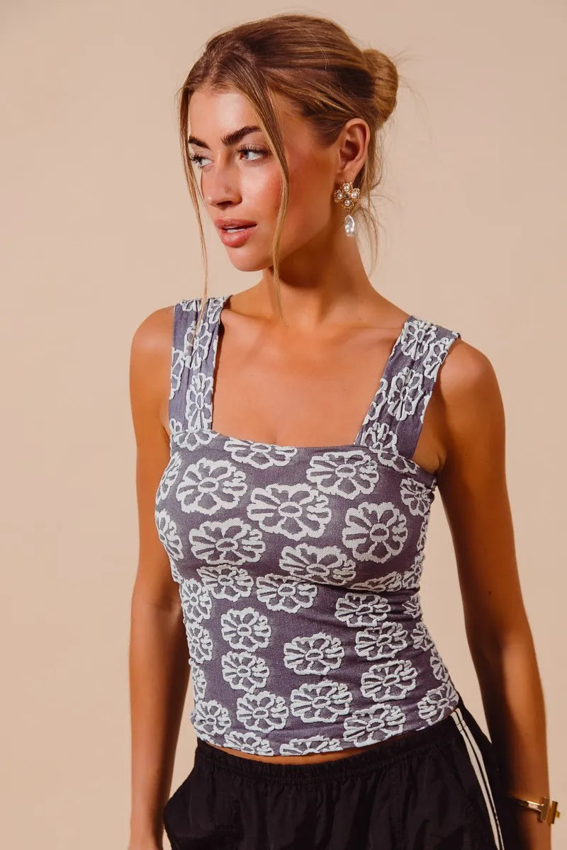 Shop Two Tone Floral Seamless Tank Top-Soft & stretchy floral cami tank with a square neckline & adjustable straps. A flattering seamless fit perfect for layering or wearing solo. Feminine & versatile.-available at Reef Love online boho-chic boutique