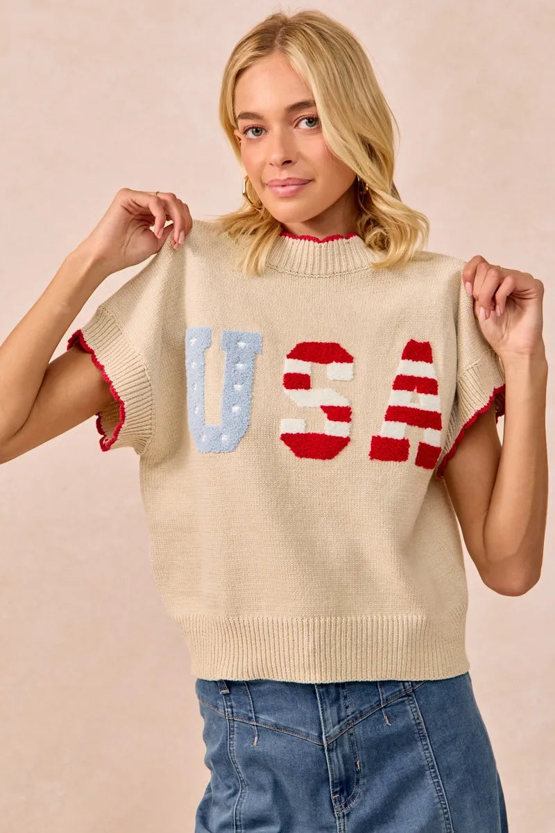 USA Patchwork Sweater Vest Top With Contrast Detail-Reef Love