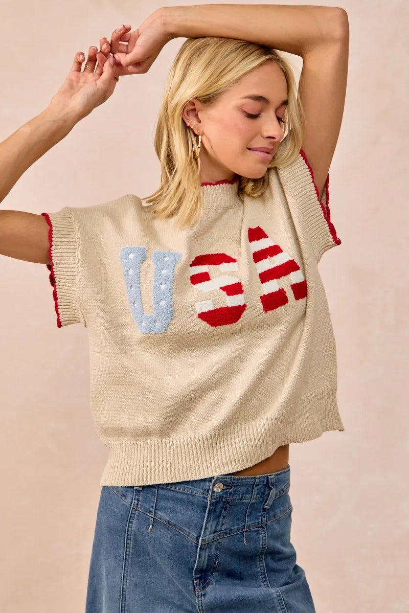 USA Patchwork Sweater Vest Top With Contrast Detail-Reef Love