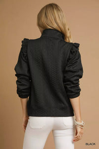 Umgee Cable Knit Textured Pullover with Ruffle Shoulders