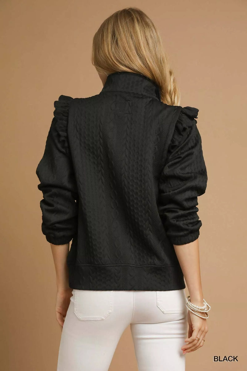 Umgee Cable Knit Textured Pullover with Ruffle Shoulders