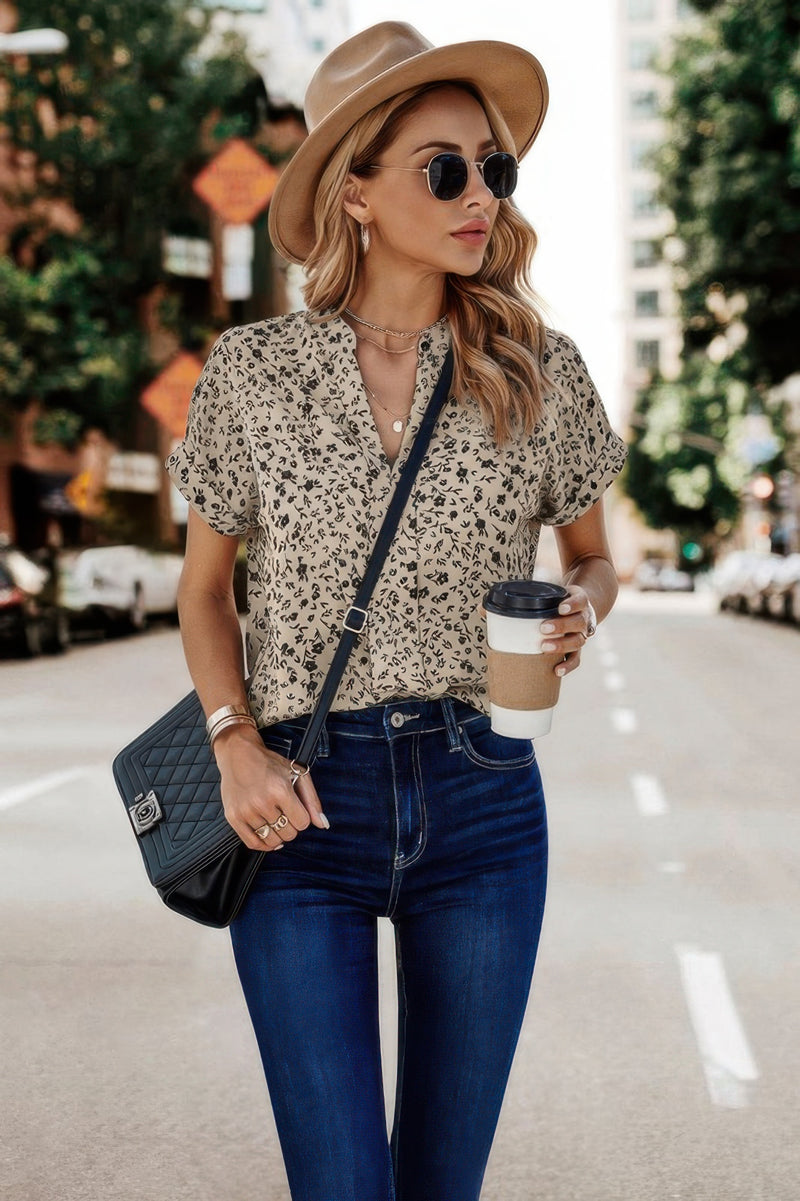 V Neck Floral Print Blouse-short sleeve blouse-Reef Love