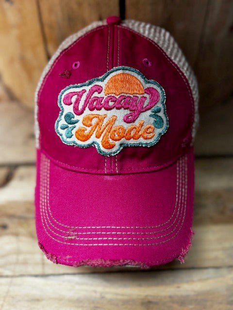 Vacay Mode Distressed Mesh Snapback Baseball Cap-Vacay Mode Distressed Mesh Snapback Baseball Cap. Distressed Headmost Brand Cap, Tan Mesh, Snapback Closure, Patch style design. 