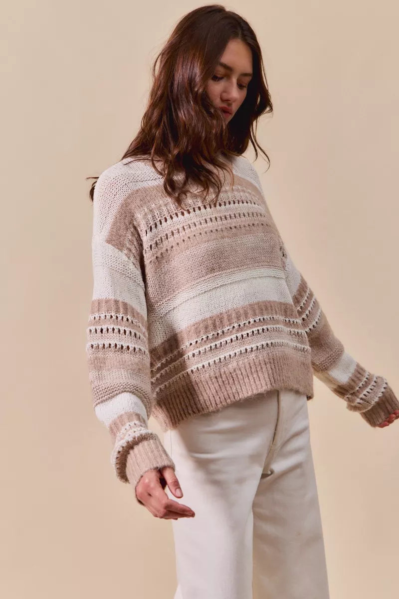 Variegated Taupe Stripe Textured Loose Fit Sweater