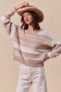 Variegated Taupe Stripe Textured Loose Fit Sweater