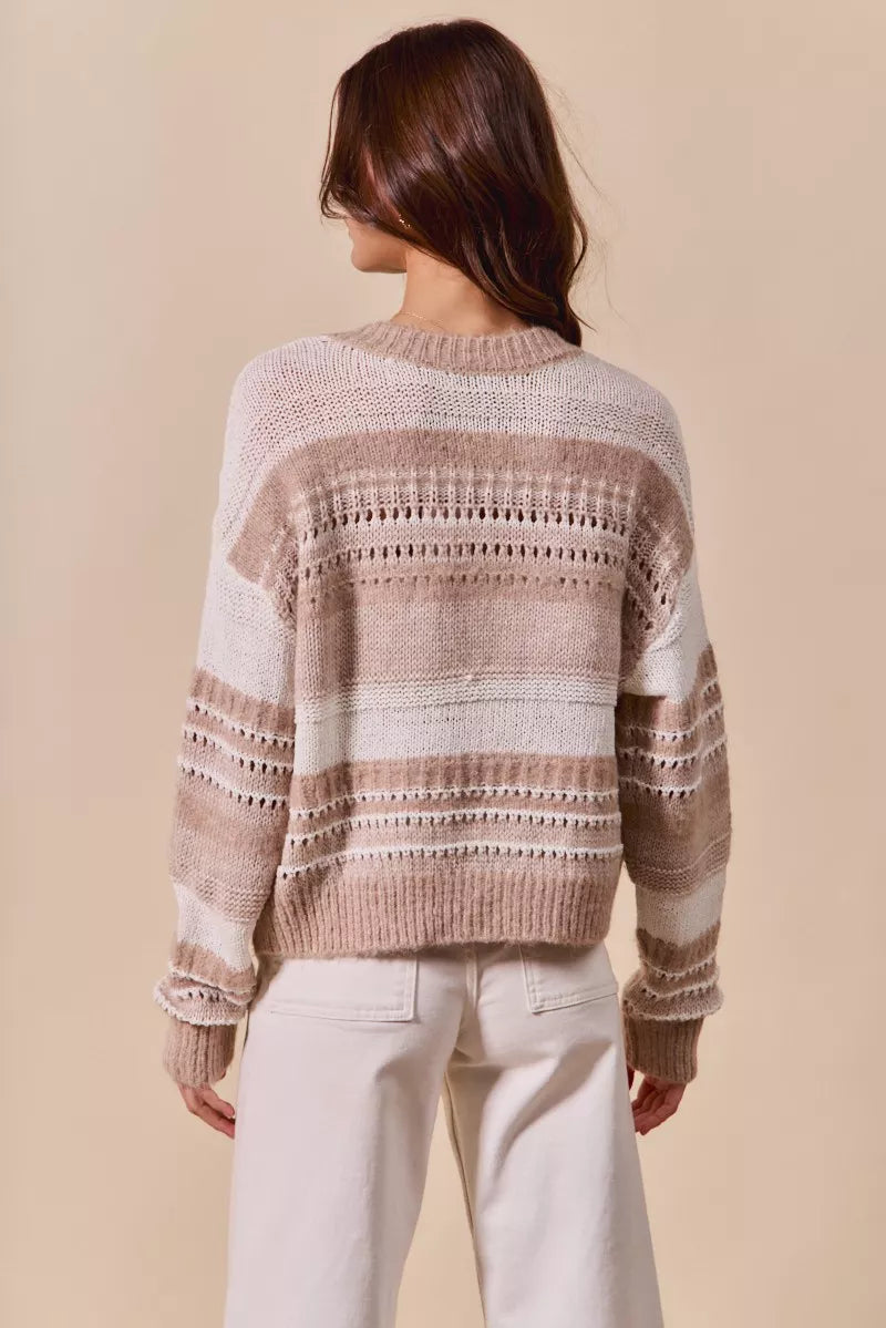 Variegated Taupe Stripe Textured Loose Fit Sweater