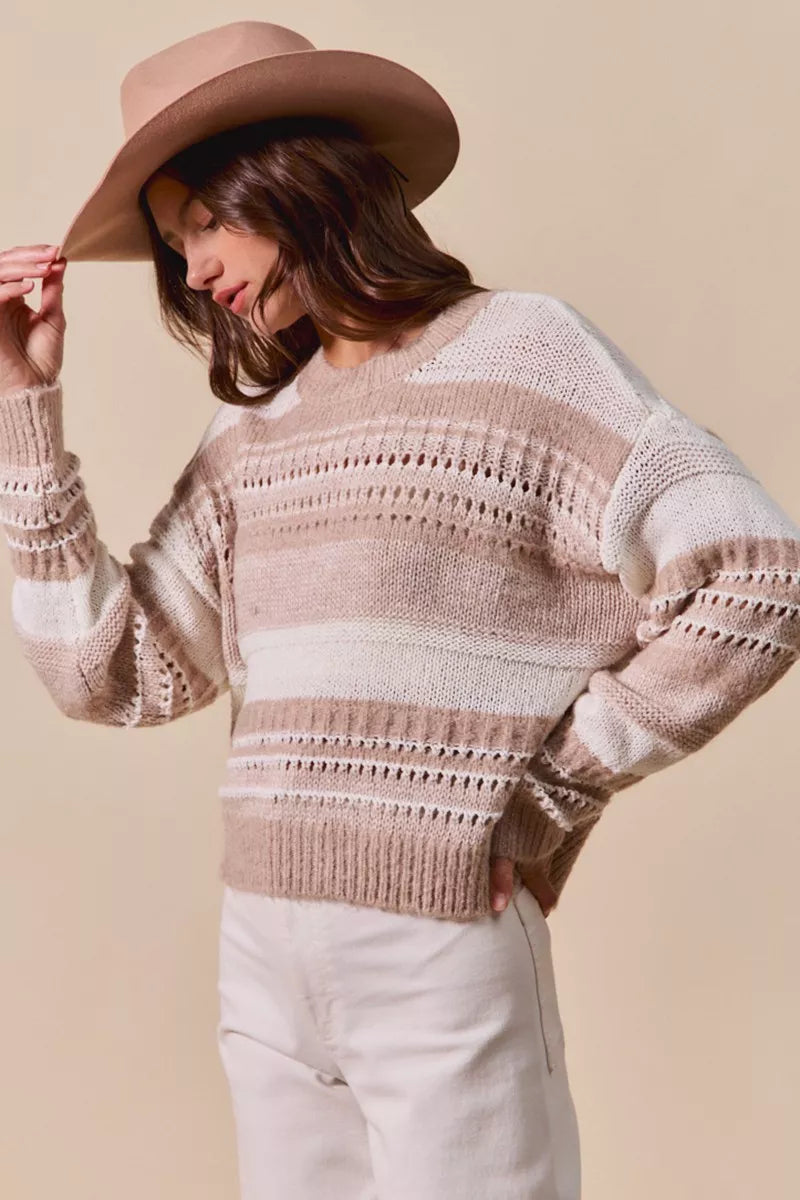 Variegated Taupe Stripe Textured Loose Fit Sweater