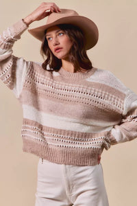 Variegated Taupe Stripe Textured Loose Fit Sweater