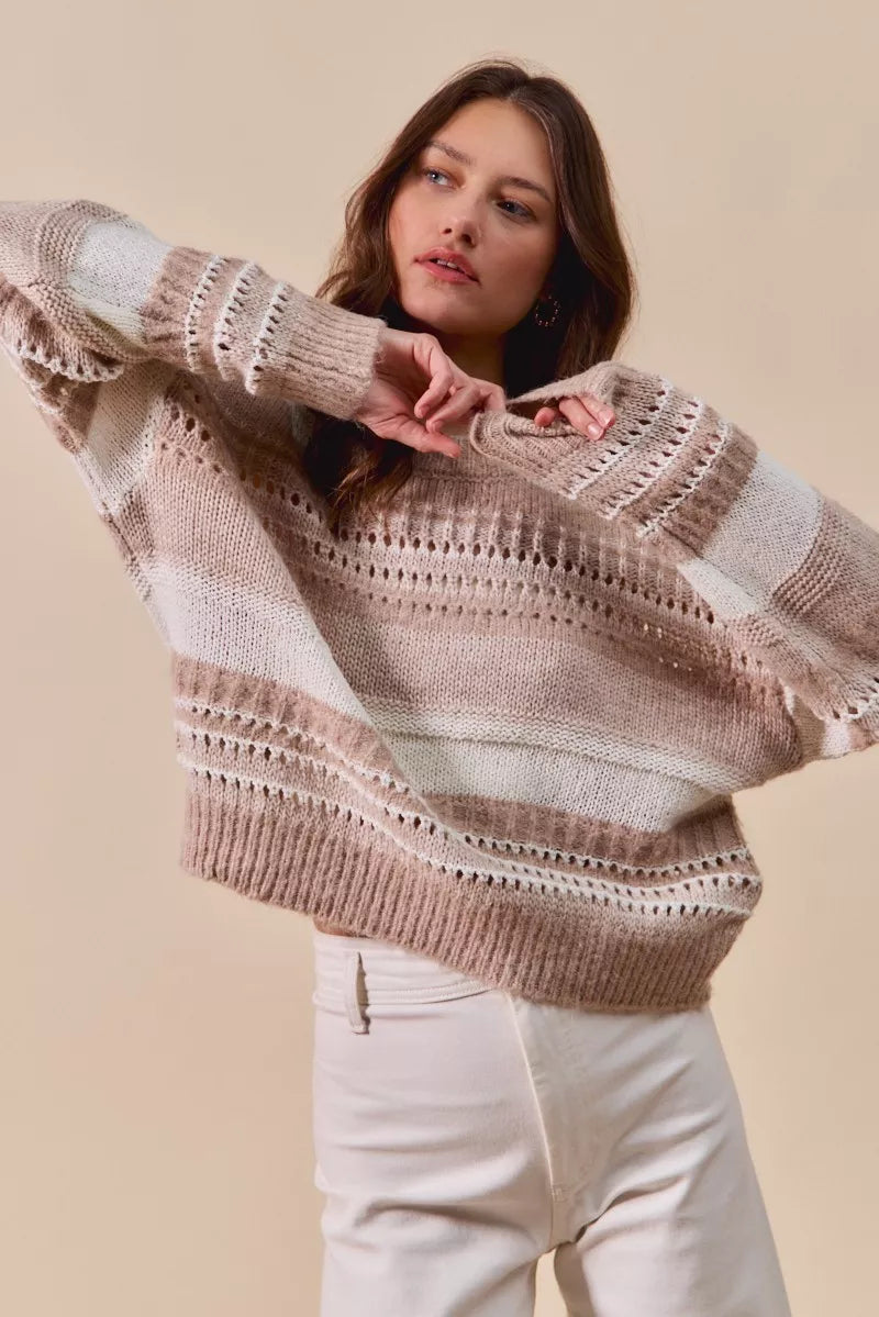 Variegated Taupe Stripe Textured Loose Fit Sweater