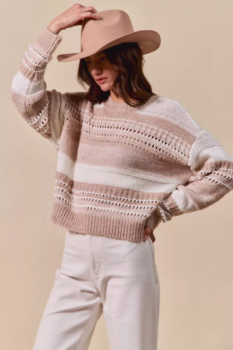 Variegated Taupe Stripe Textured Loose Fit Sweater
